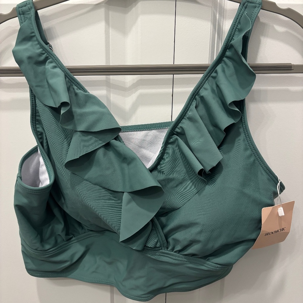 Bloomchic Solid Ruffle Surplice Neck Trim Swim Top Green